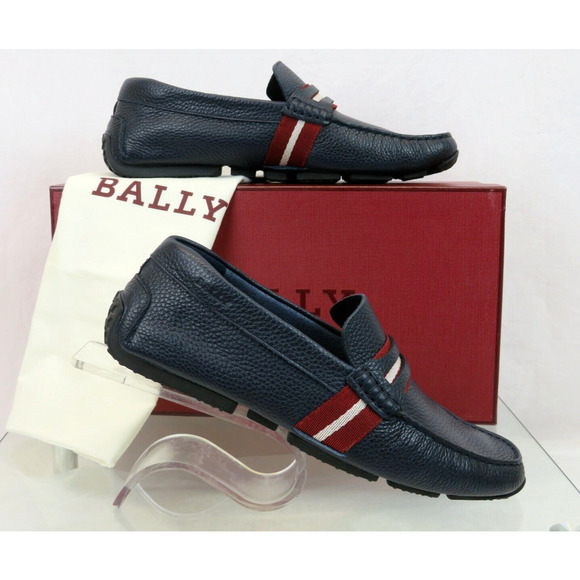 BALLY PIETRO NAVY BLUE GRAINED LEATHER WEB LOGO PENNY LOAFERS 10 D US 43 ITALY main image 8